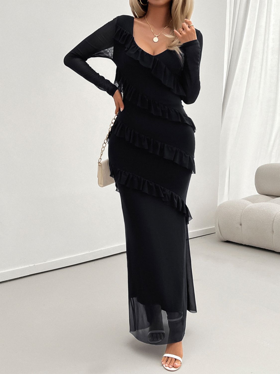 Ruffled Surplice Long Sleeve Maxi Dress for Women