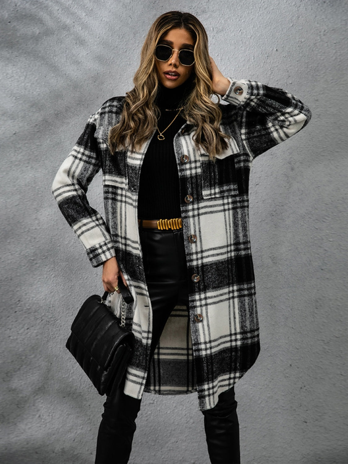 Women Classic Plaid Collared Neck Long Sleeve Stylish Coat Dress