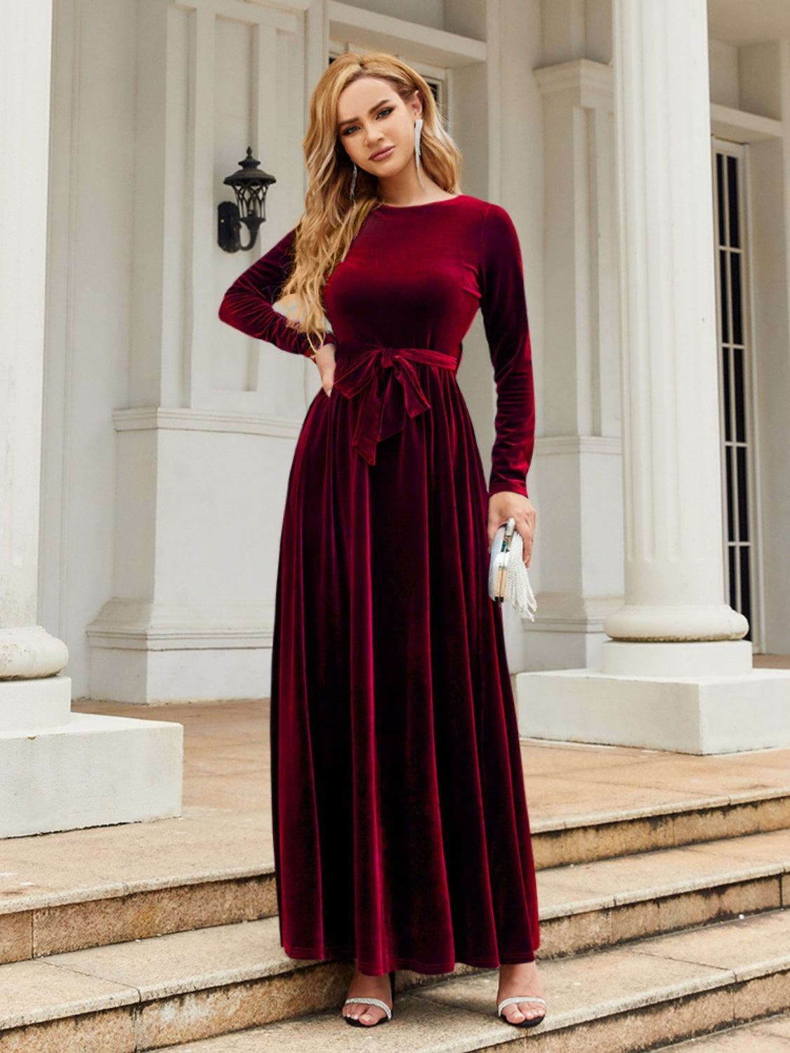 Cocktail Clothes Denim Tie Front Round Neck Long Sleeve Maxi Dress