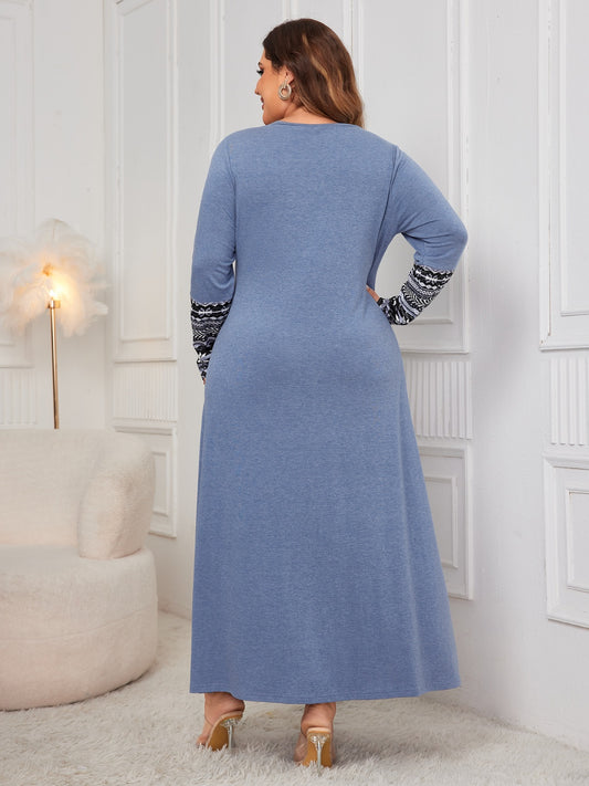 Women Plus Size Stylish Printed Round Neck Long Sleeve Dress