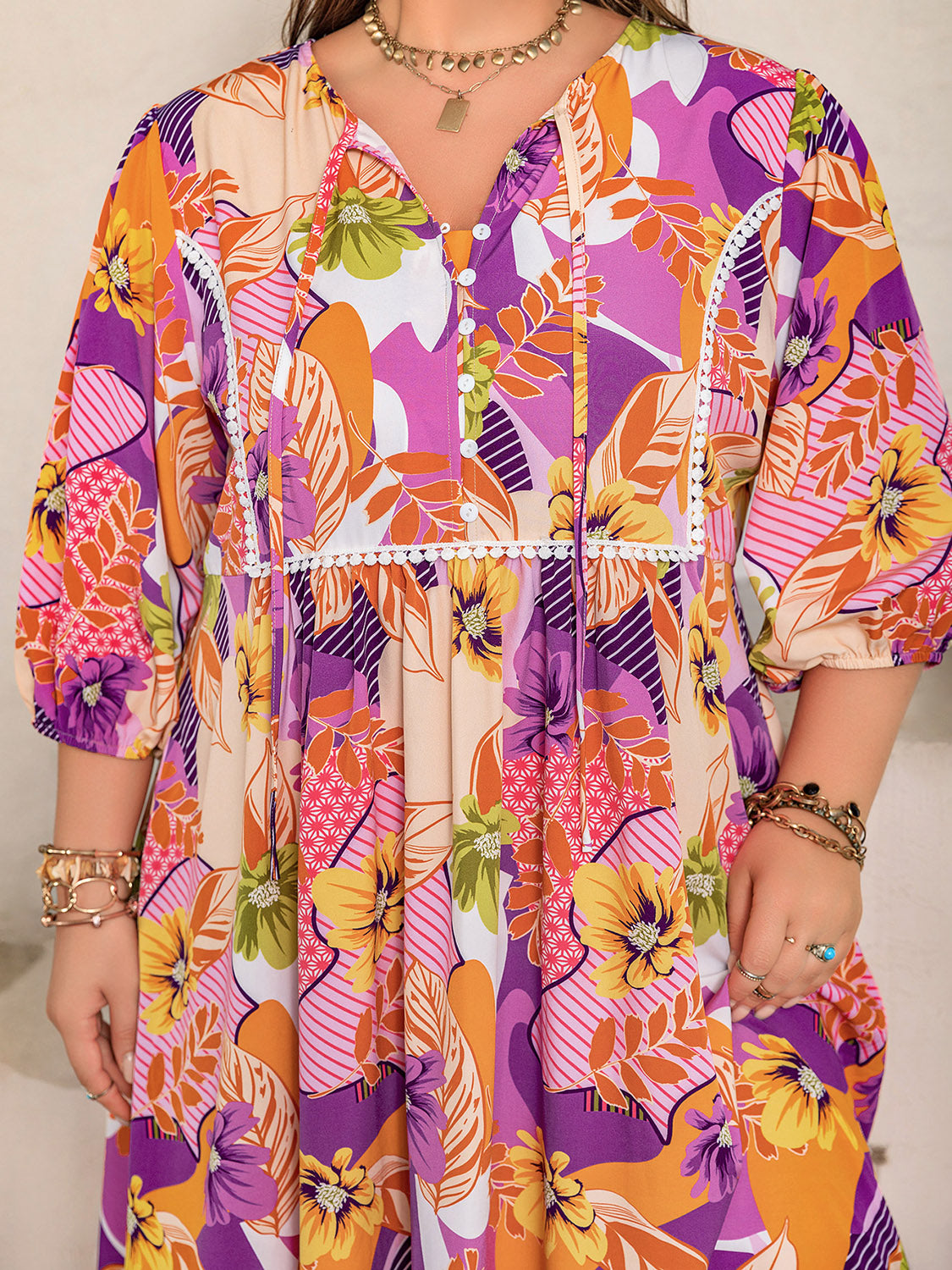 Women's Clothing Plus Size Printed Tie Neck Maxi Dress