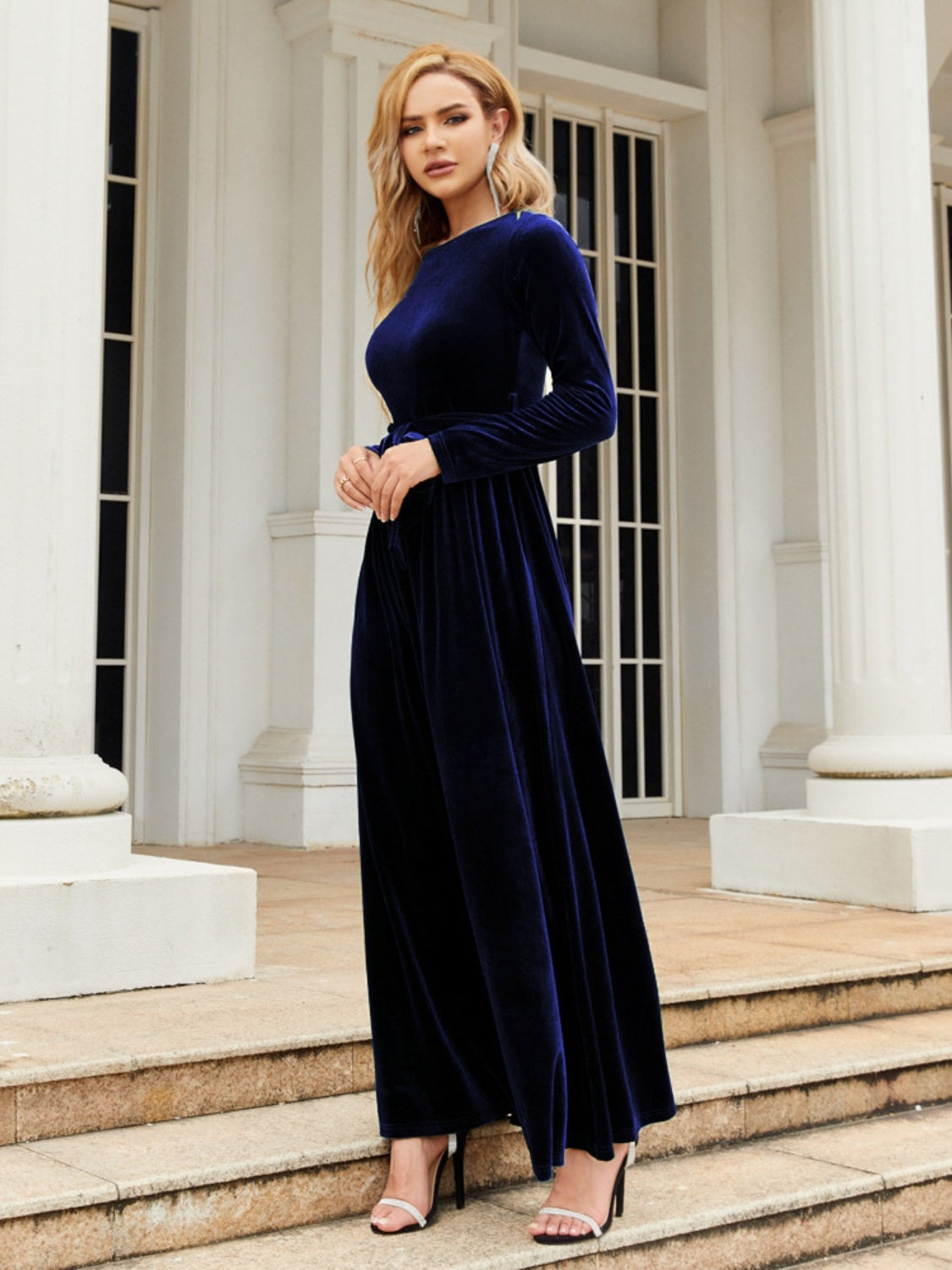 Cocktail Clothes Denim Tie Front Round Neck Long Sleeve Maxi Dress