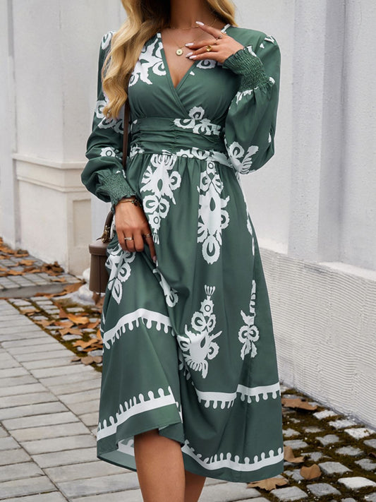 Printed Surplice Lantern Sleeve Midi Dress For Women