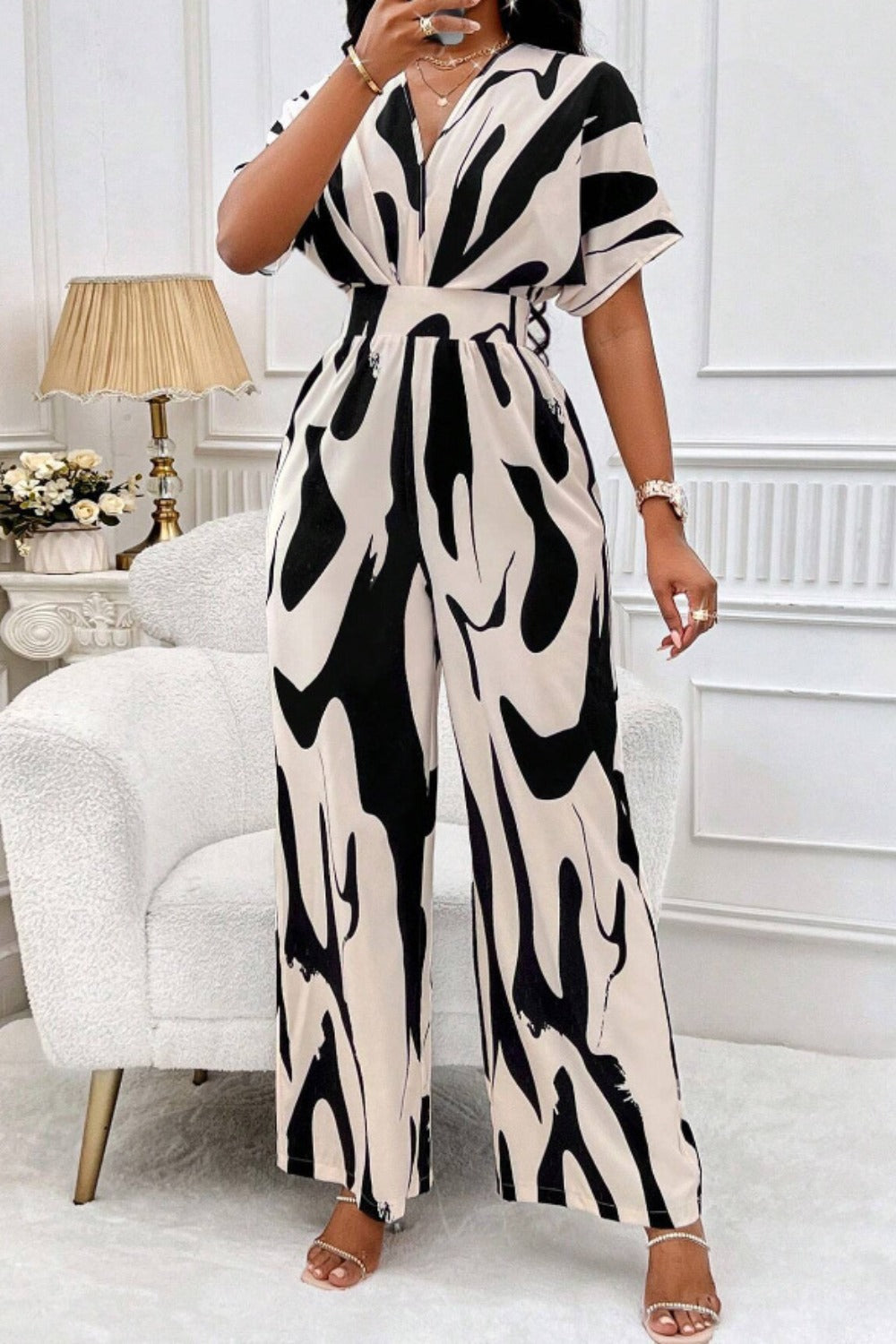 Women Printed V Neck Long Lantern Sleeves Lace Up Wide Leg Jumpsuit