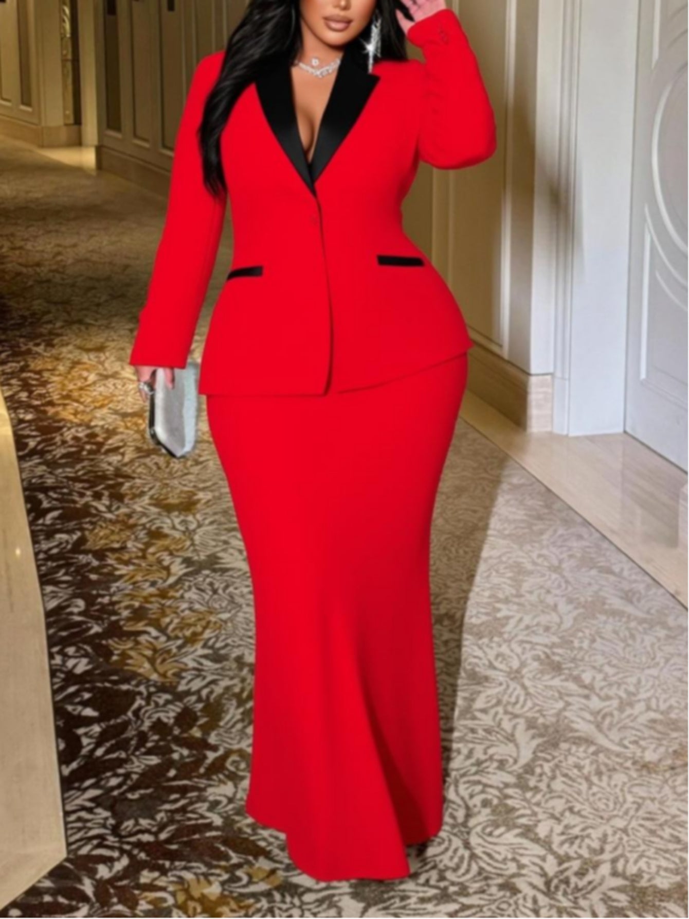 Women's Plus Size Contrast Blazer & Mermaid Maxi Skirt Two-Piece Set