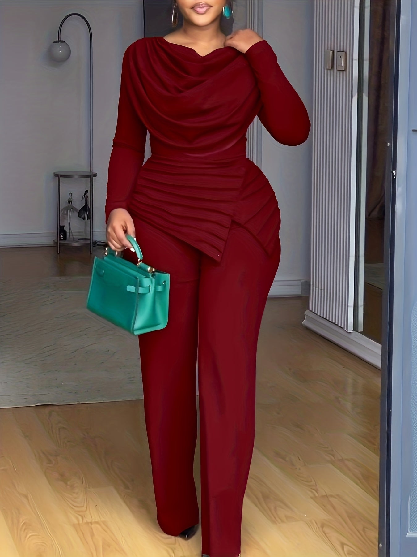 Casual Cinched Waist Zipper Back Straight Leg Jumpsuit with Cowl Neck