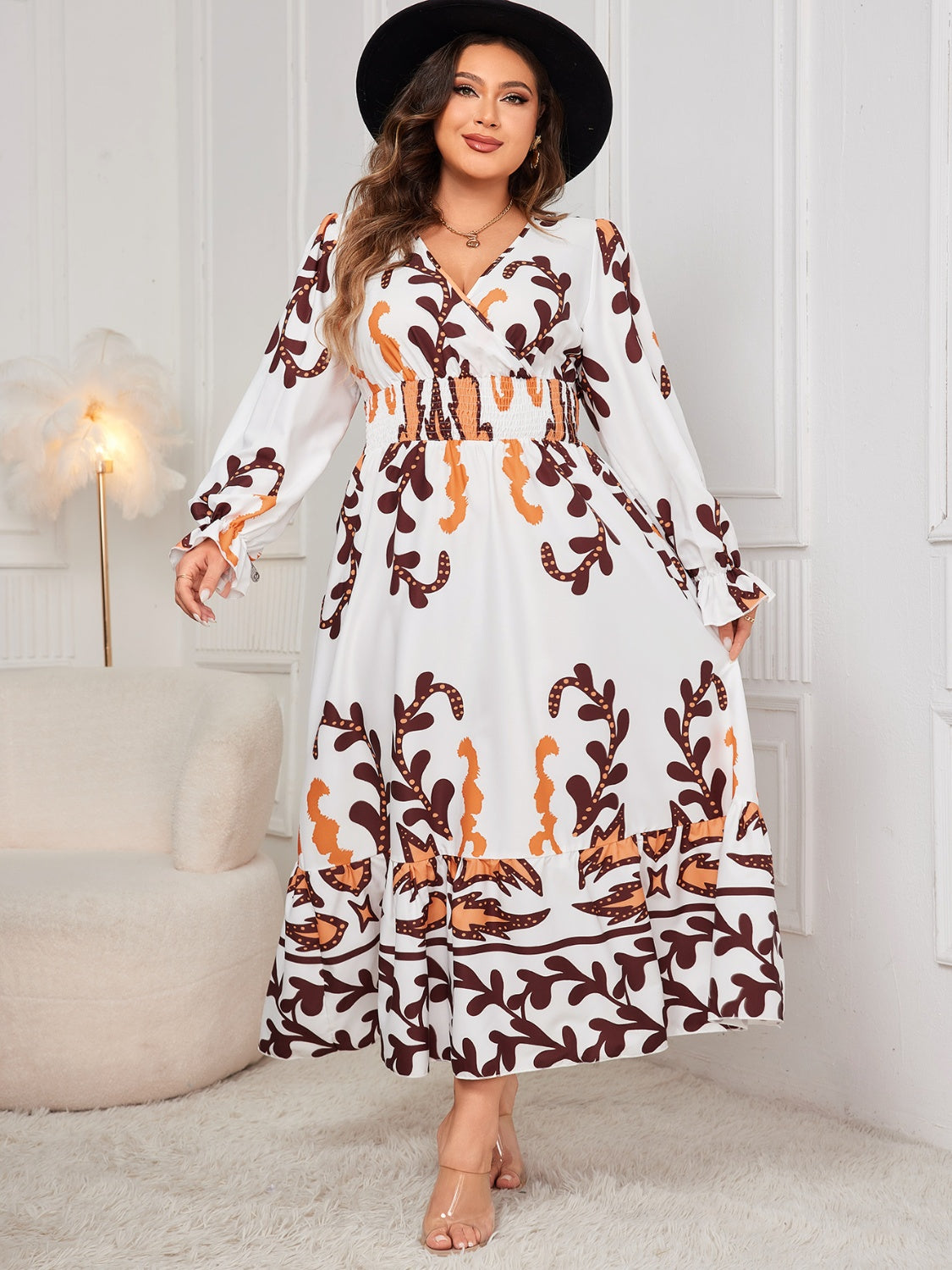 Women Fashion Plus Size Printed Surplice Flounce Sleeve Dress