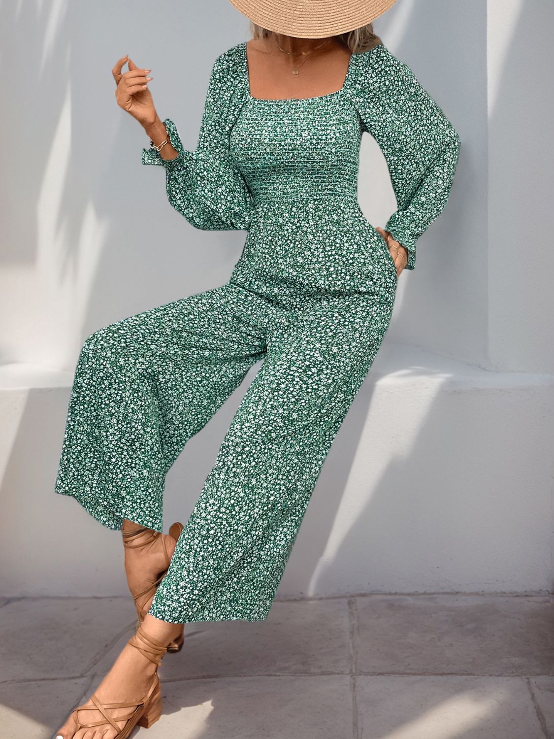 Casual Ladies Smocked Printed Long Sleeve Wide Leg Jumpsuit