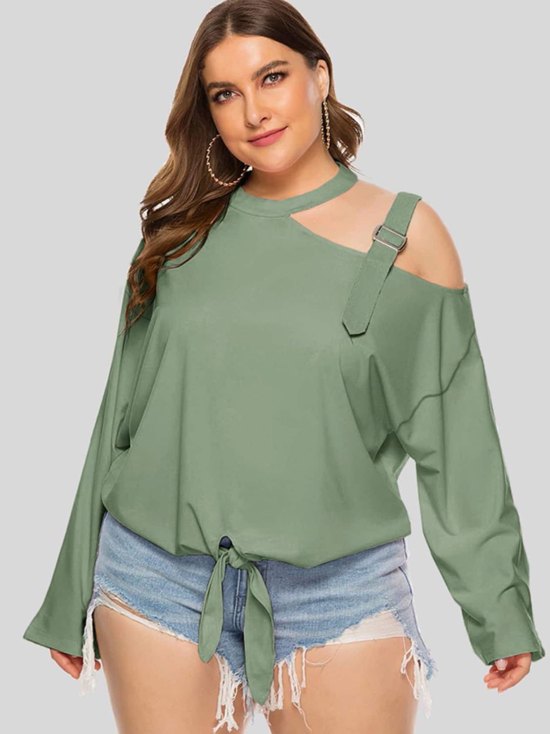 Plus Size Cold-Shoulder Blouse Tied Top Long Sleeve Women Casual Wear