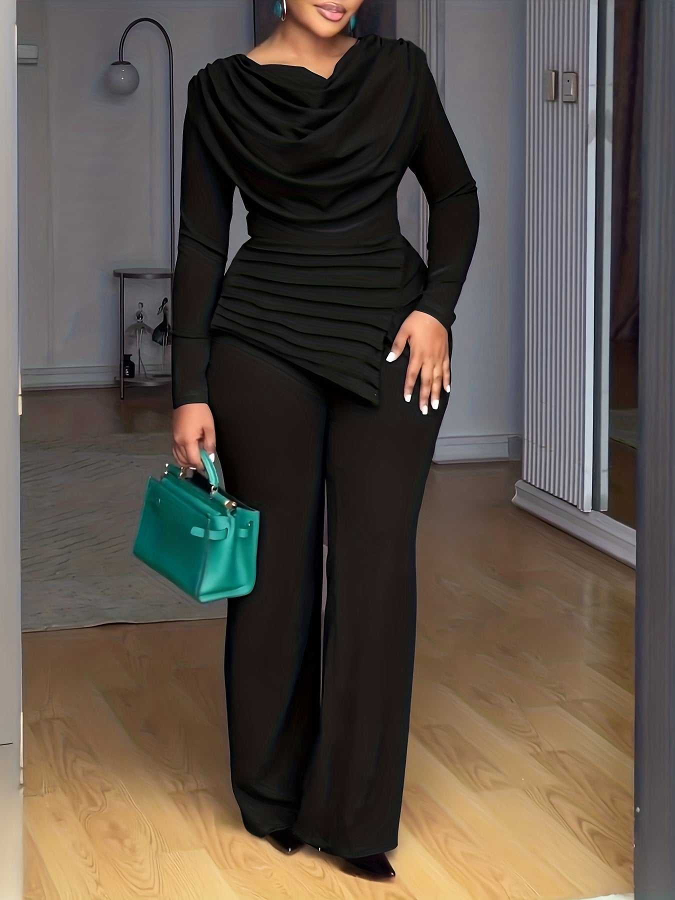 Casual Cinched Waist Zipper Back Straight Leg Jumpsuit with Cowl Neck