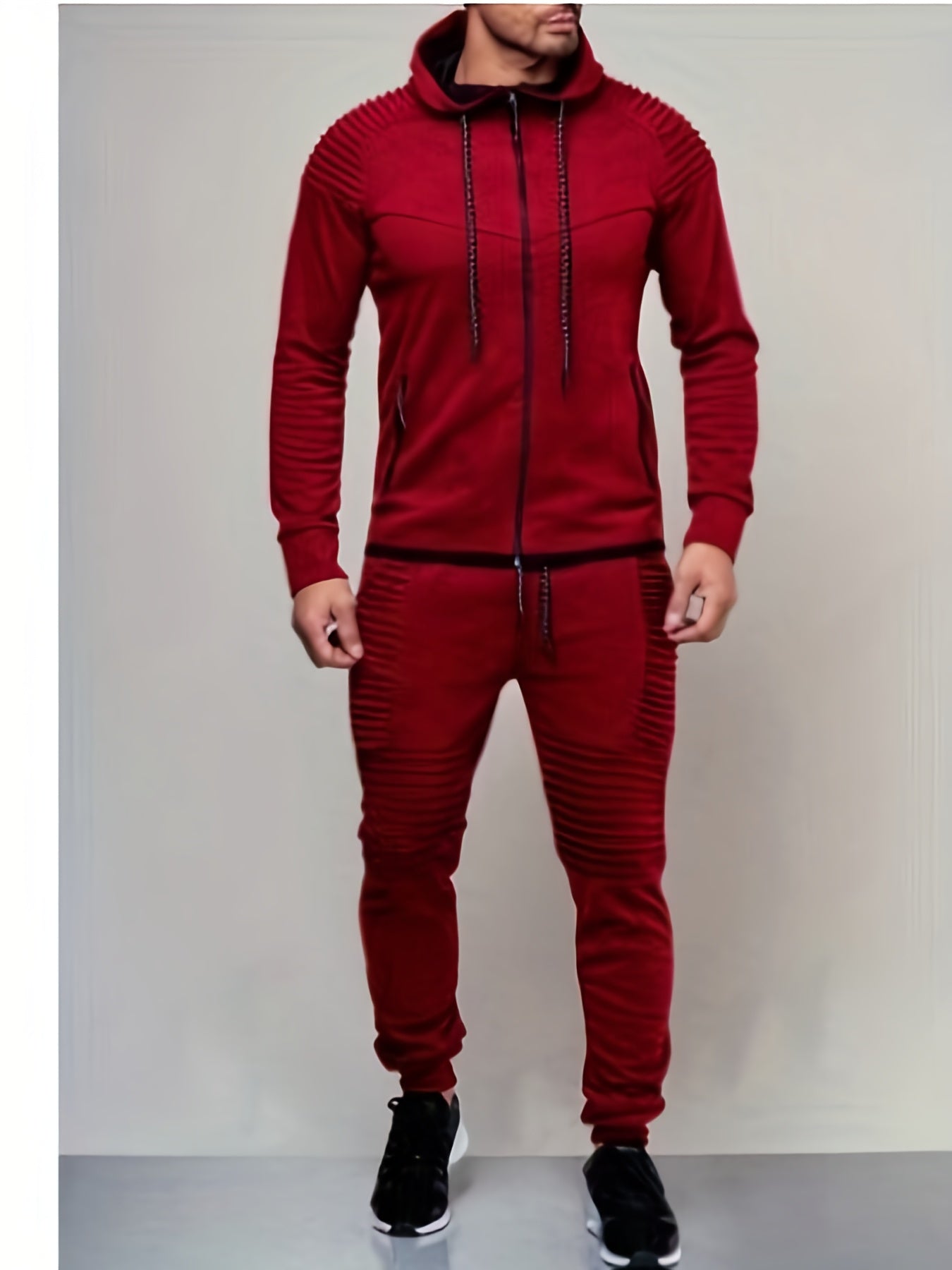 Men Casual Outfit Set, Hoodie Zip Pockets Top, Straps Pants, Sweatsuits