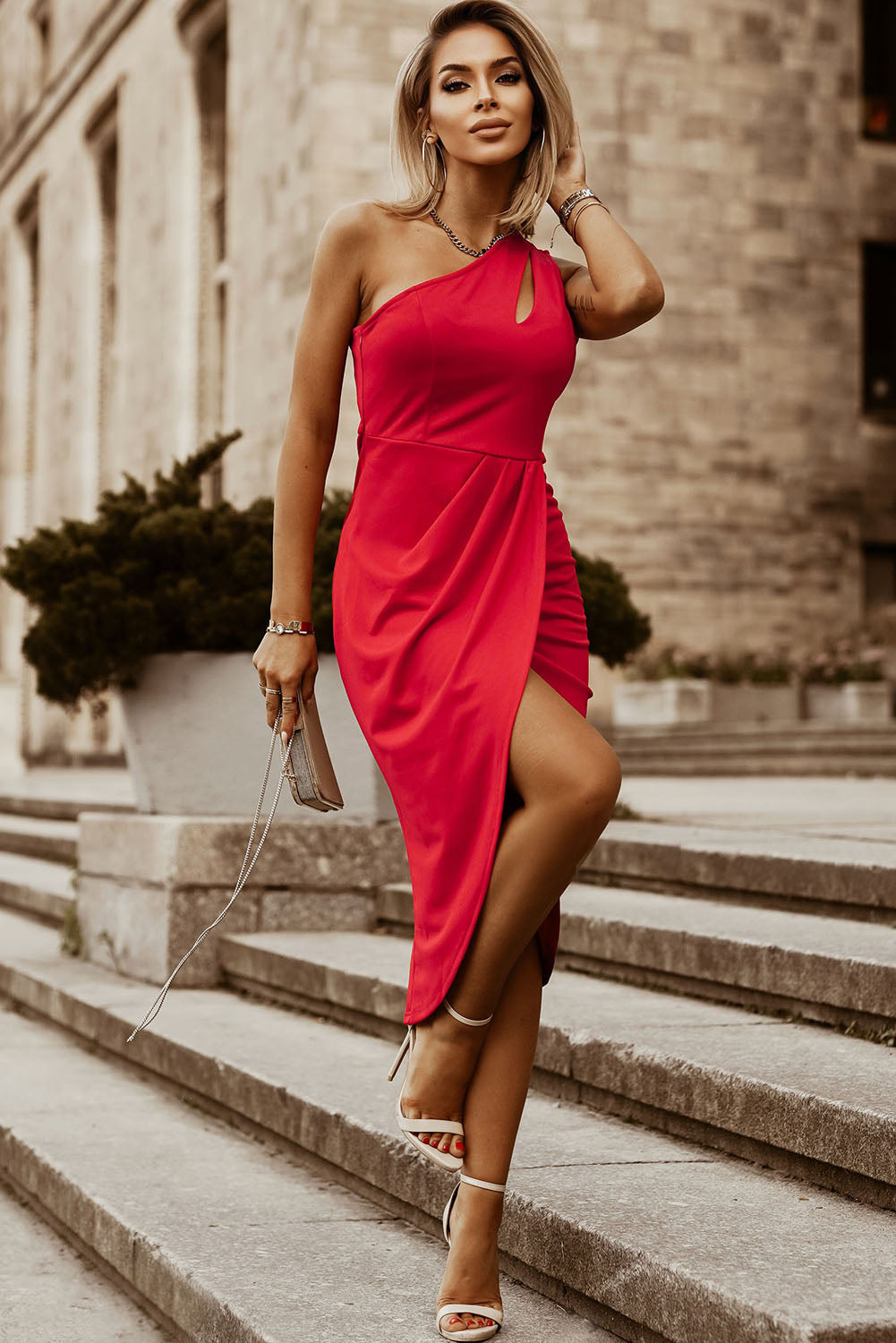 Women Fashion Ruched Cutout Single Shoulder Dress