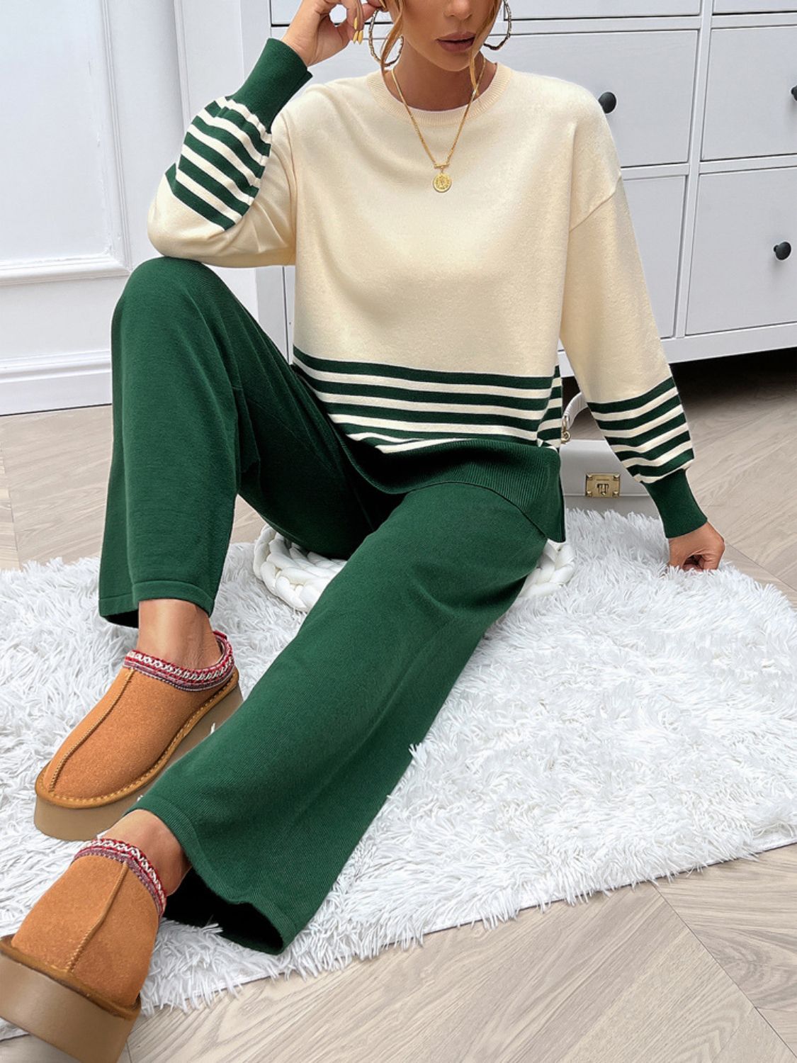 Women Dress Slit Striped Round Neck Top and Pants Sweater Set