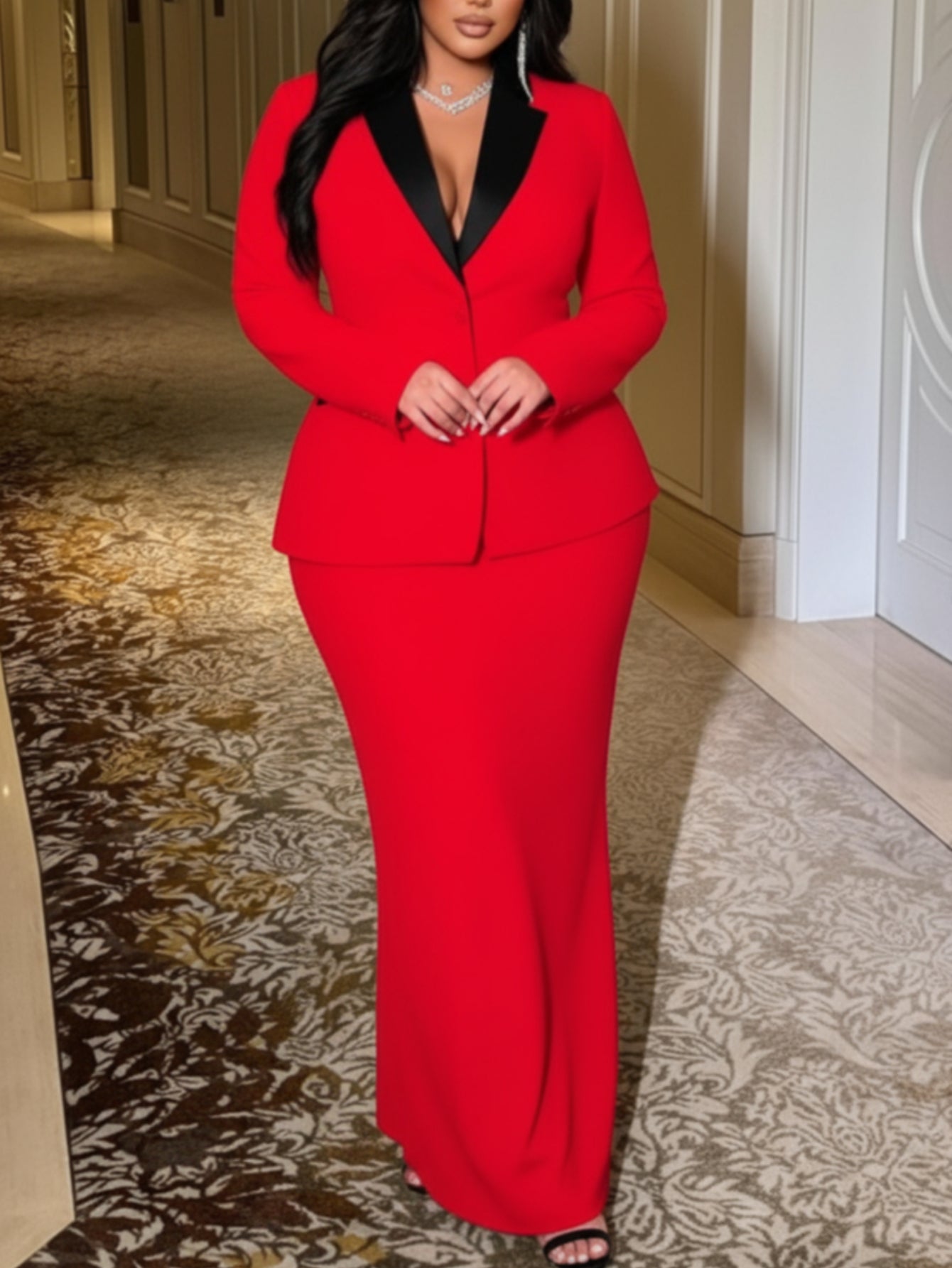 Women's Plus Size Contrast Blazer & Mermaid Maxi Skirt Two-Piece Set