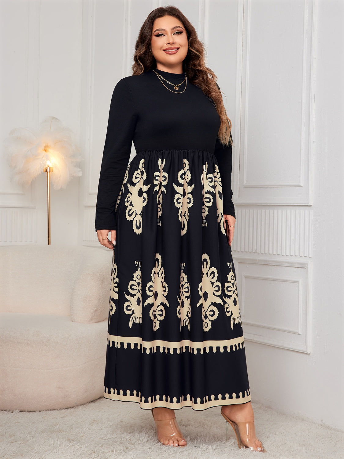 Plus Size Floral Embroidered Printed Mock Neck Long Sleeve Dress