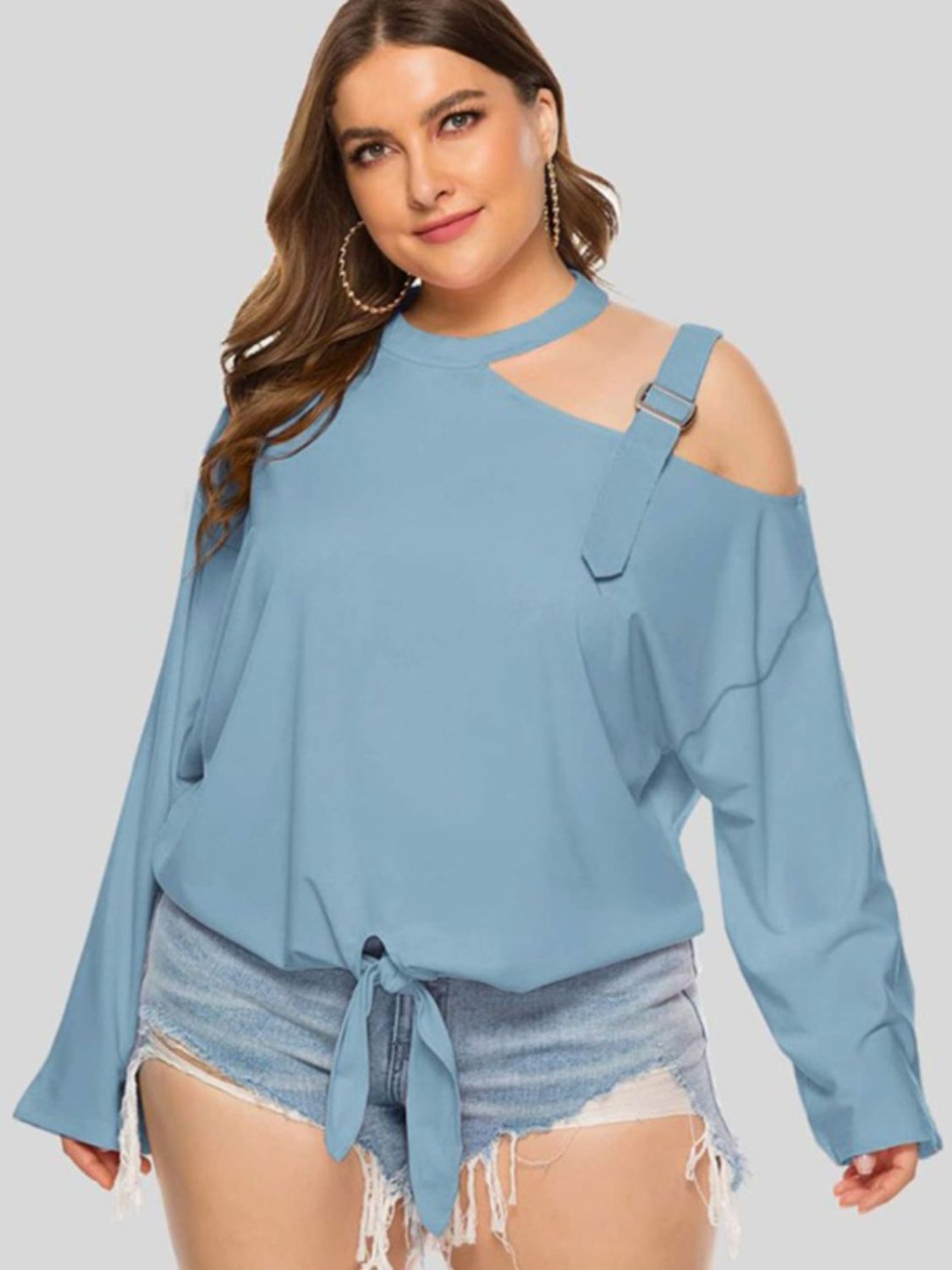 Plus Size Cold-Shoulder Blouse Tied Top Long Sleeve Women Casual Wear