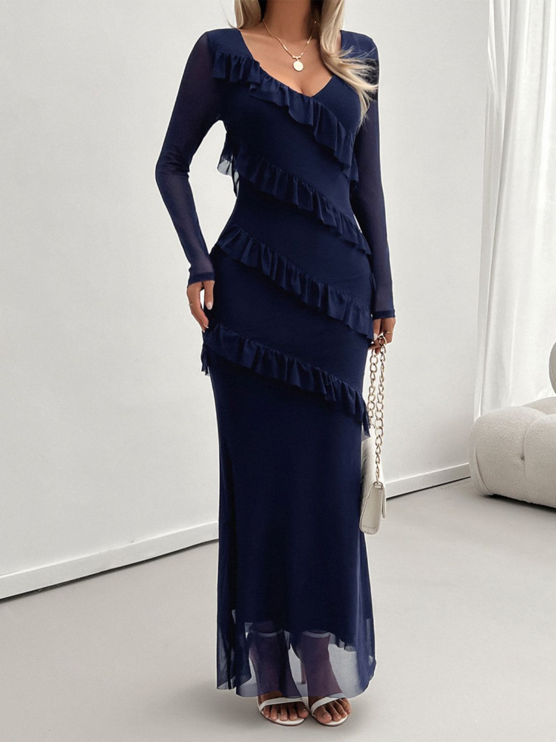 Ruffled Surplice Long Sleeve Maxi Dress for Women