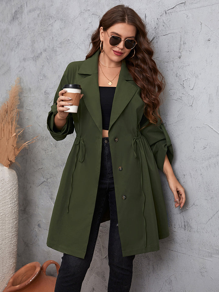 Plus Size Lapel Collar Roll-Tab Sleeve Trench Coat for Women