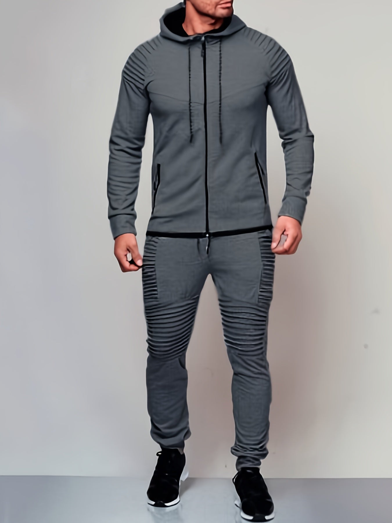 Men Casual Outfit Set, Hoodie Zip Pockets Top, Straps Pants, Sweatsuits