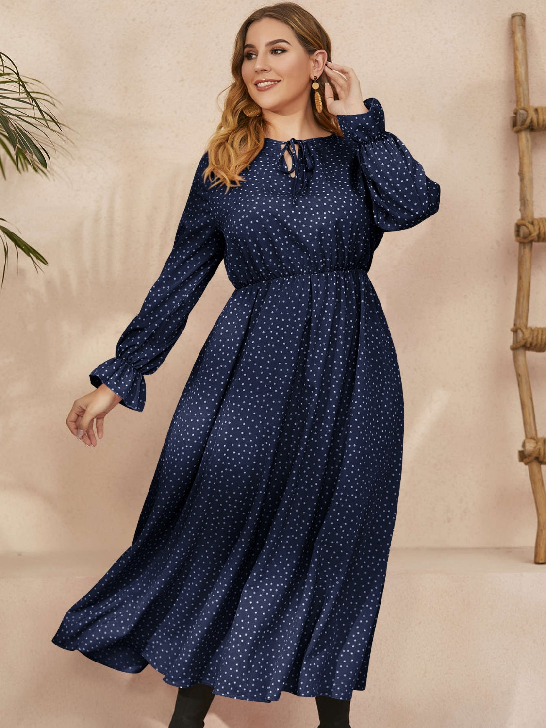 Women Plus Size Ruffled Polka Dot Long Sleeve Midi Dress