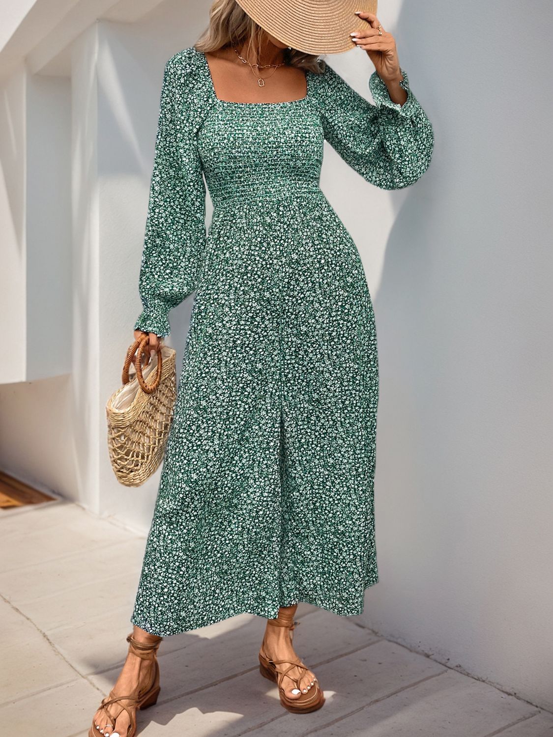 Casual Ladies Smocked Printed Long Sleeve Wide Leg Jumpsuit