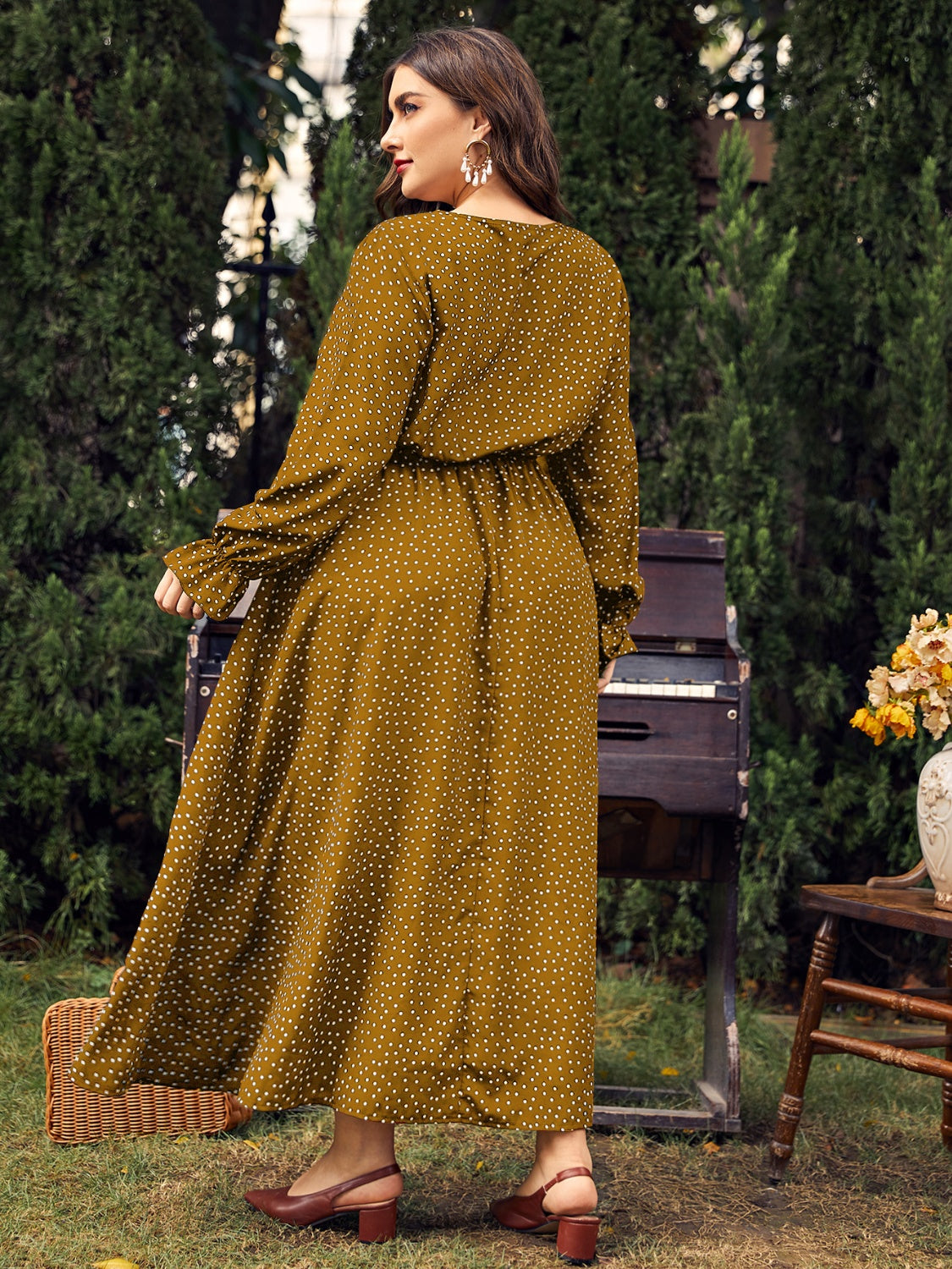 Women Plus Size Ruffled Polka Dot Long Sleeve Midi Dress