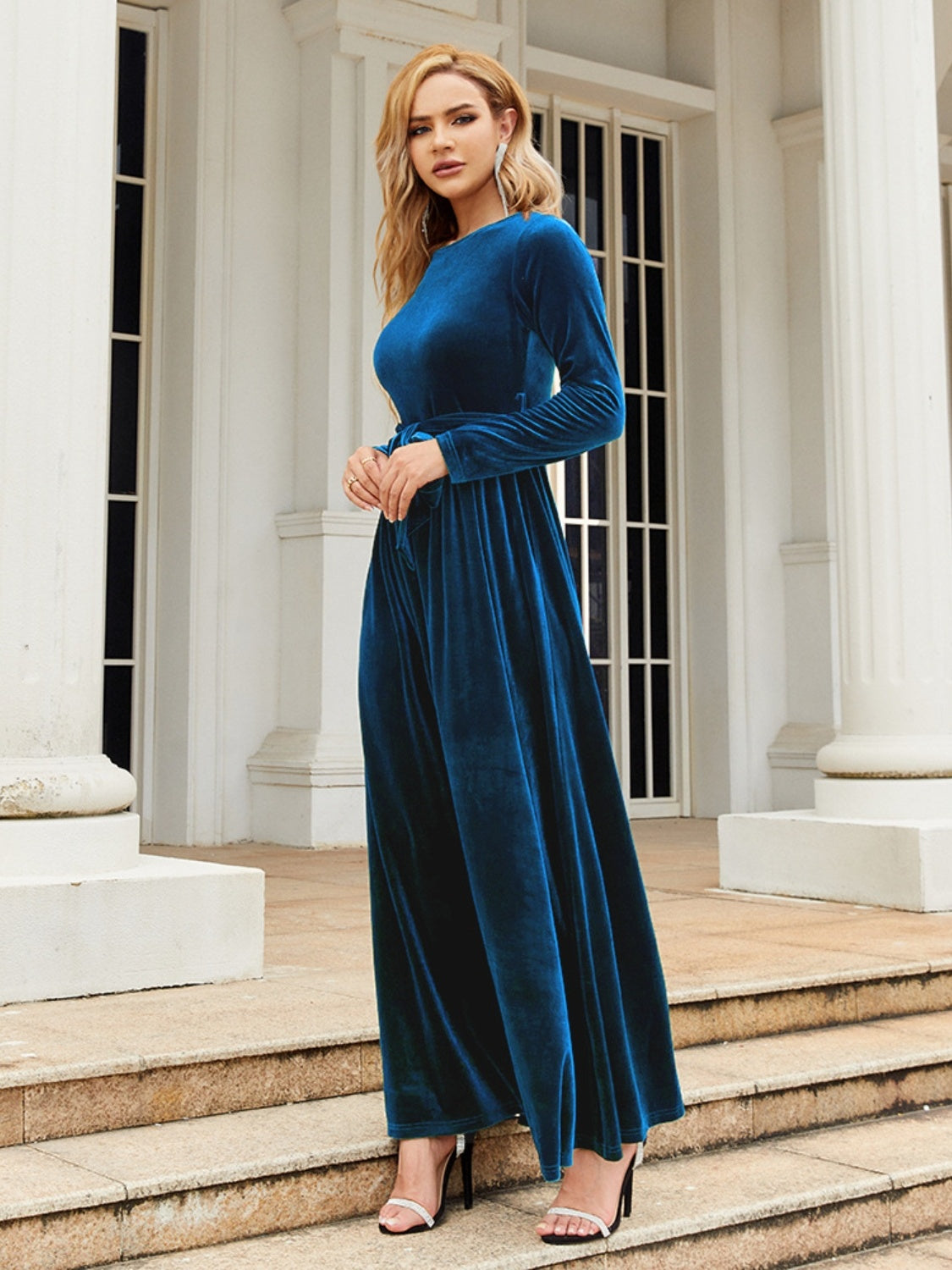 Cocktail Clothes Denim Tie Front Round Neck Long Sleeve Maxi Dress