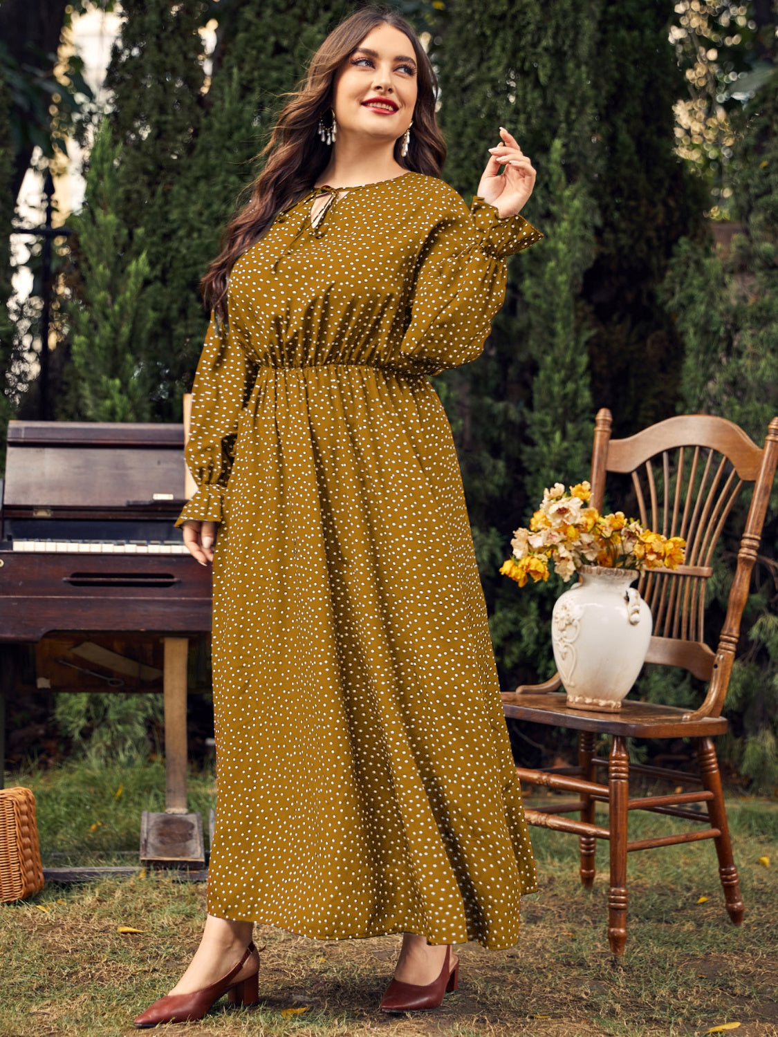 Women Plus Size Ruffled Polka Dot Long Sleeve Midi Dress