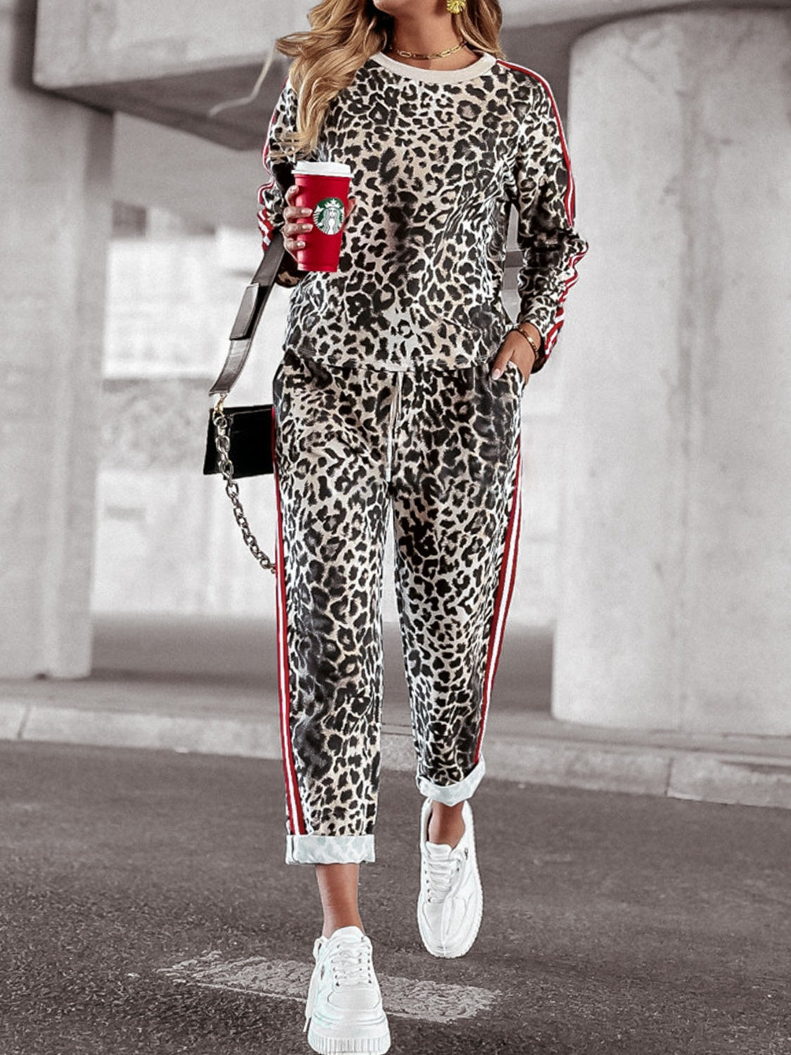 Leopard Round Neck Long Sleeve Top and Pants Outfit Set Dress