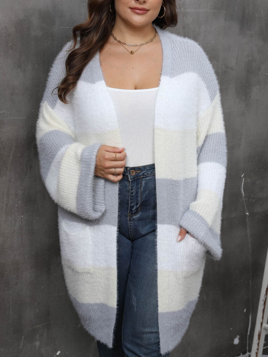 Plus Size Women Clothing Open Front Long Sleeve Cardigan Dress
