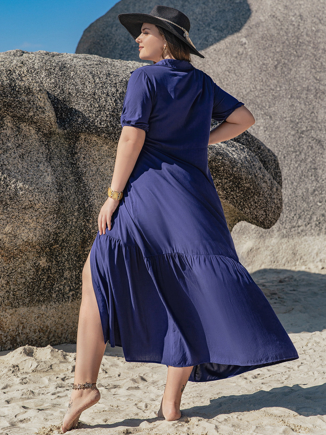 Ladies Casual Plus Size Collared Neck Short Sleeve Midi Dress