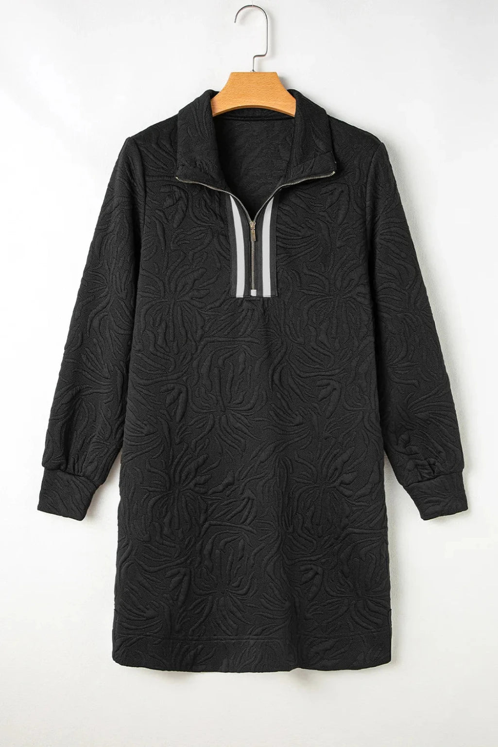 Elegant Texture Quarter Zip Long Sleeve Side Pockets Mini Dress