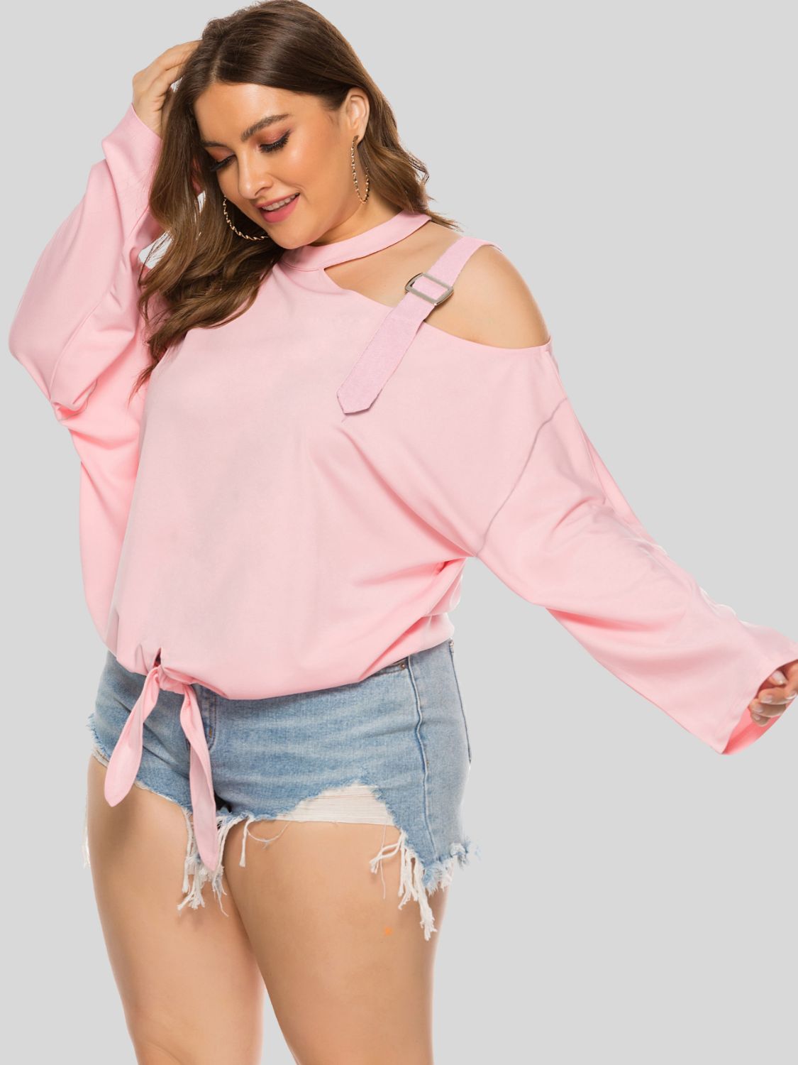 Plus Size Cold-Shoulder Blouse Tied Top Long Sleeve Women Casual Wear