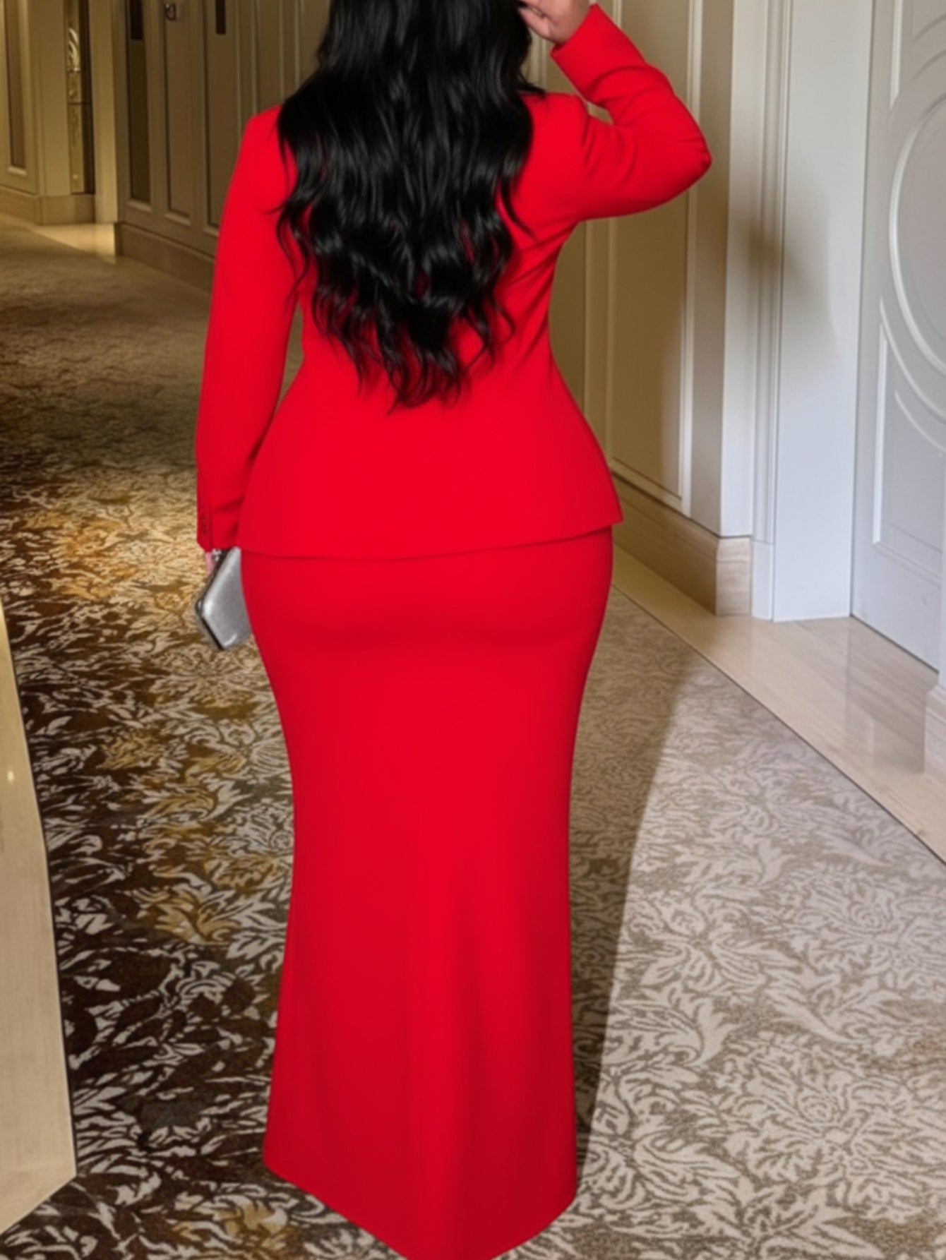 Women's Plus Size Contrast Blazer & Mermaid Maxi Skirt Two-Piece Set