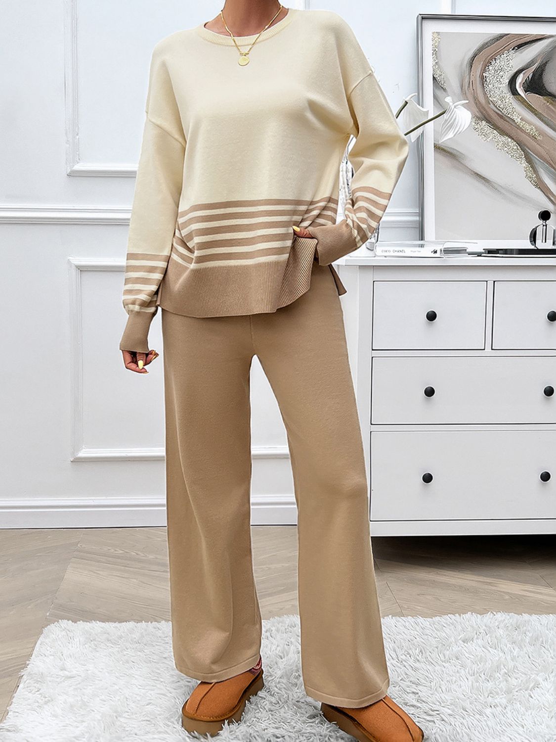 Women Dress Slit Striped Round Neck Top and Pants Sweater Set