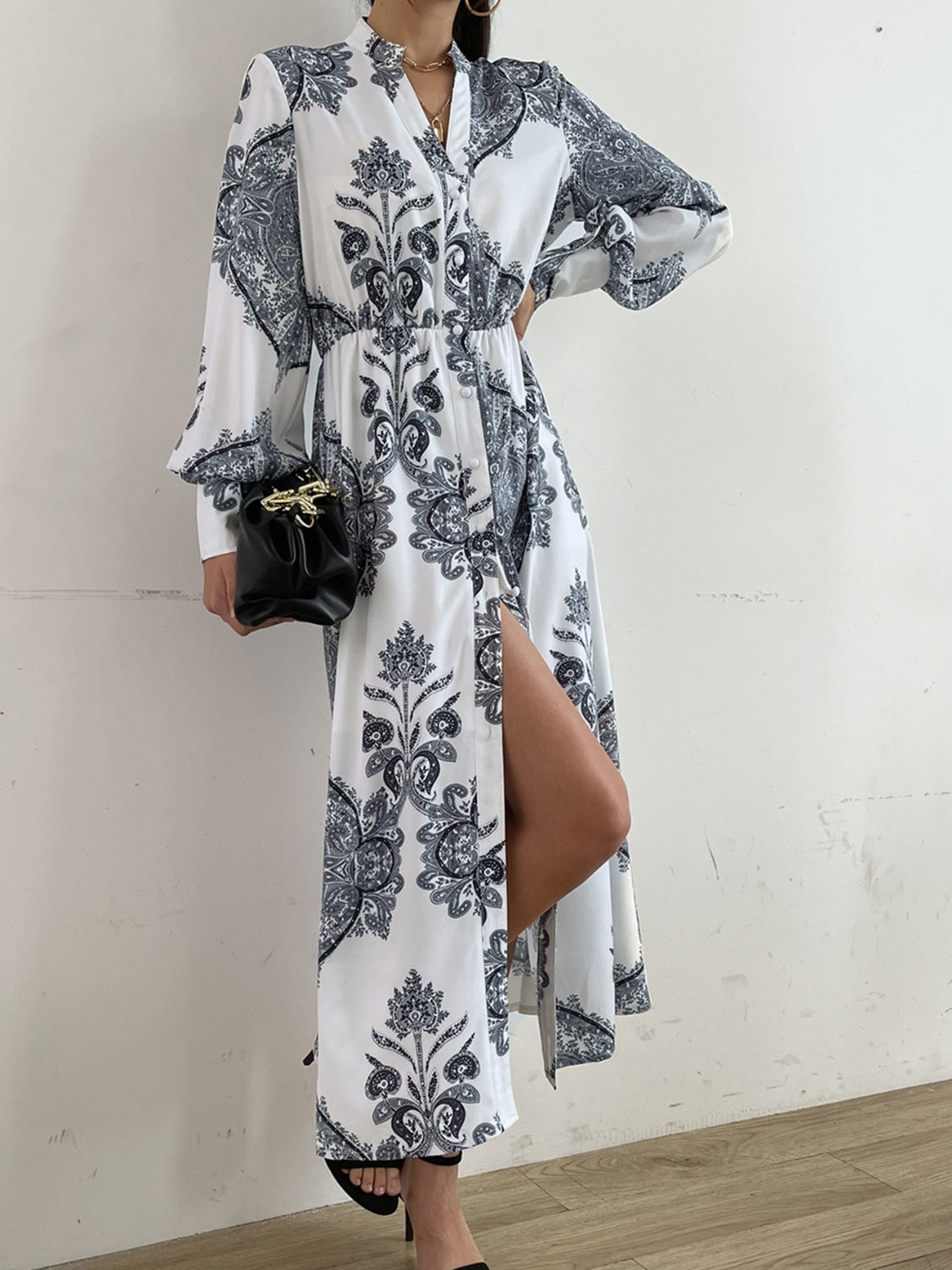 Women Casual Cocktail Printed Notched Lantern Sleeve Midi Dress