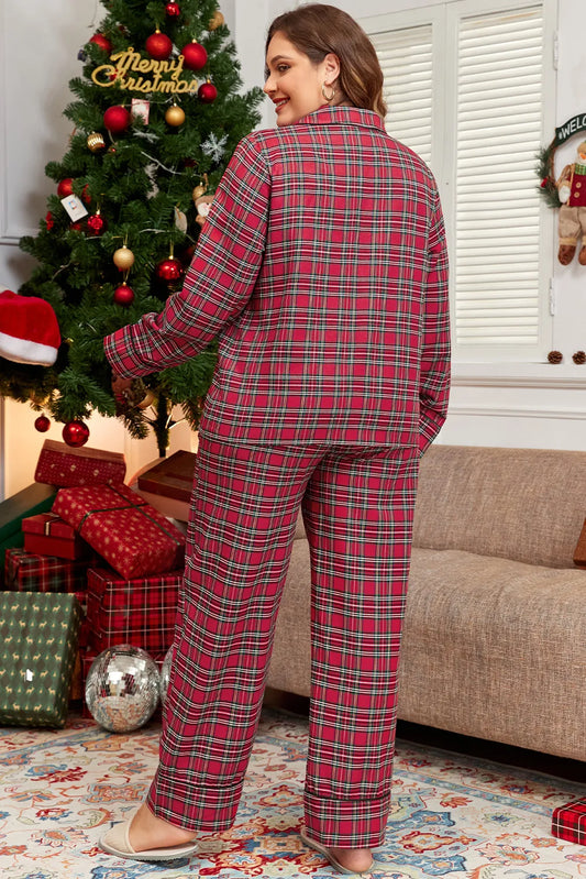 Ladies Pajamas Plus Size Plaid Collared Neck Top and Pants Lounge Set