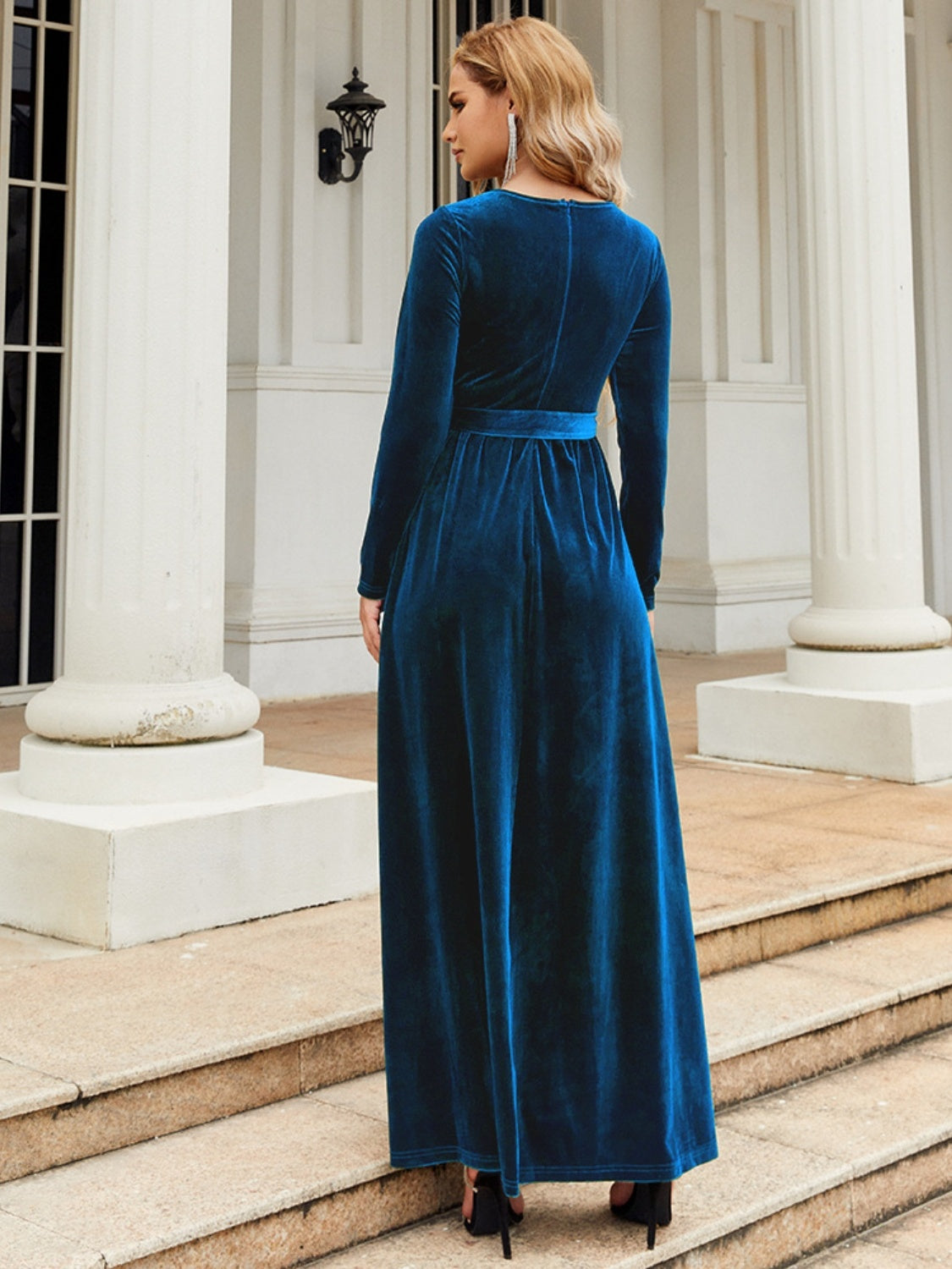 Cocktail Clothes Denim Tie Front Round Neck Long Sleeve Maxi Dress