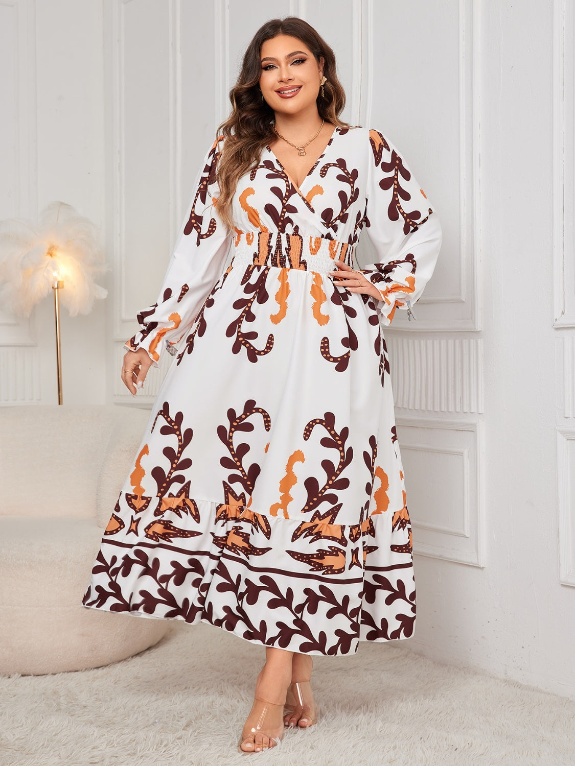 Women Fashion Plus Size Printed Surplice Flounce Sleeve Dress
