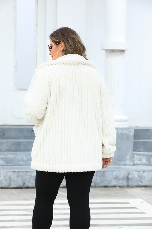 Women Plus Size Fuzzy Collared Neck Long Sleeve Jacket Sweater