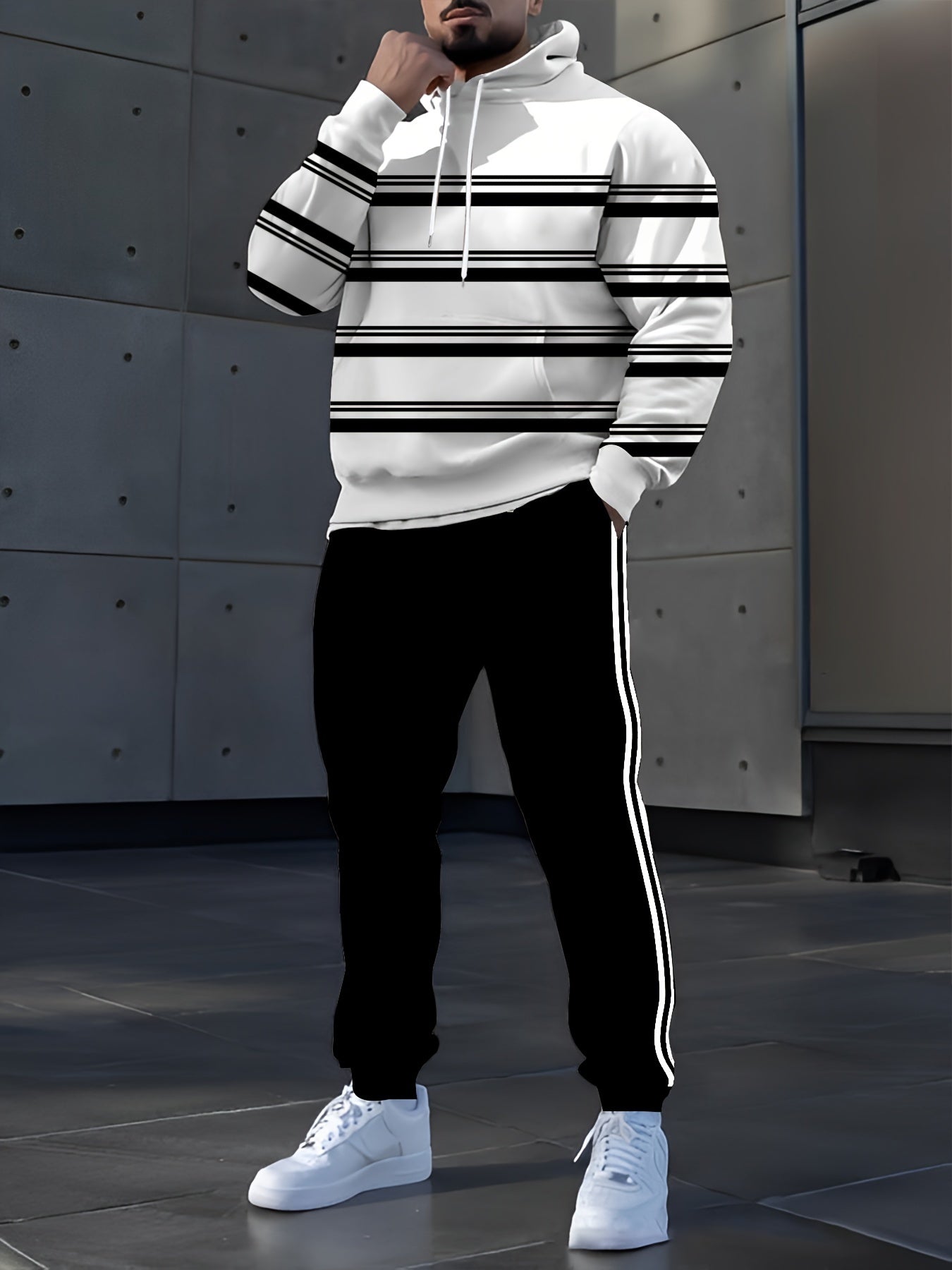 Men's Casual Striped Hoodie and Sweatpants Set, Knit Dress Pullover
