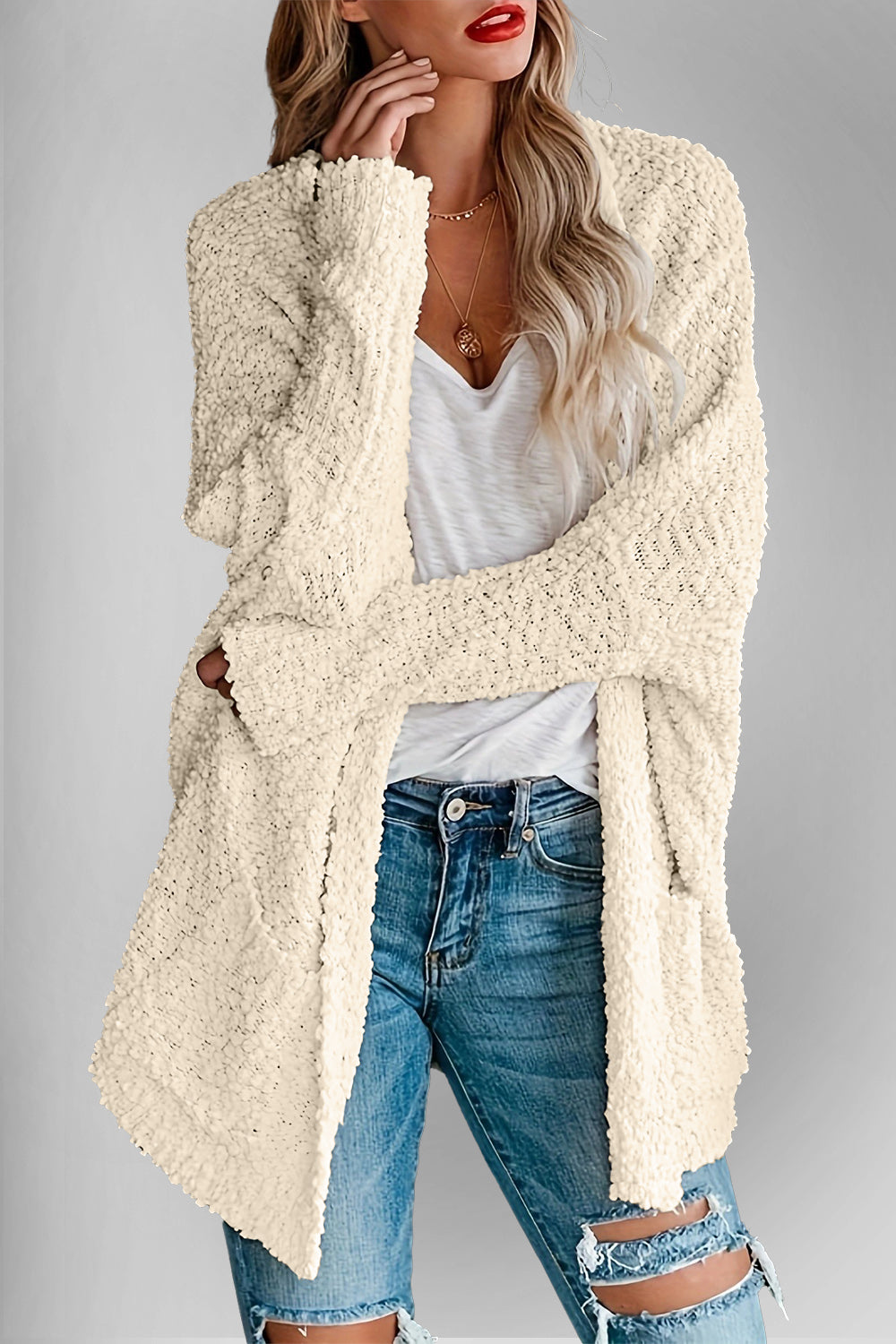 Chic Cozy Casual Style Pocketed Open Front Long Sleeve Cardigan