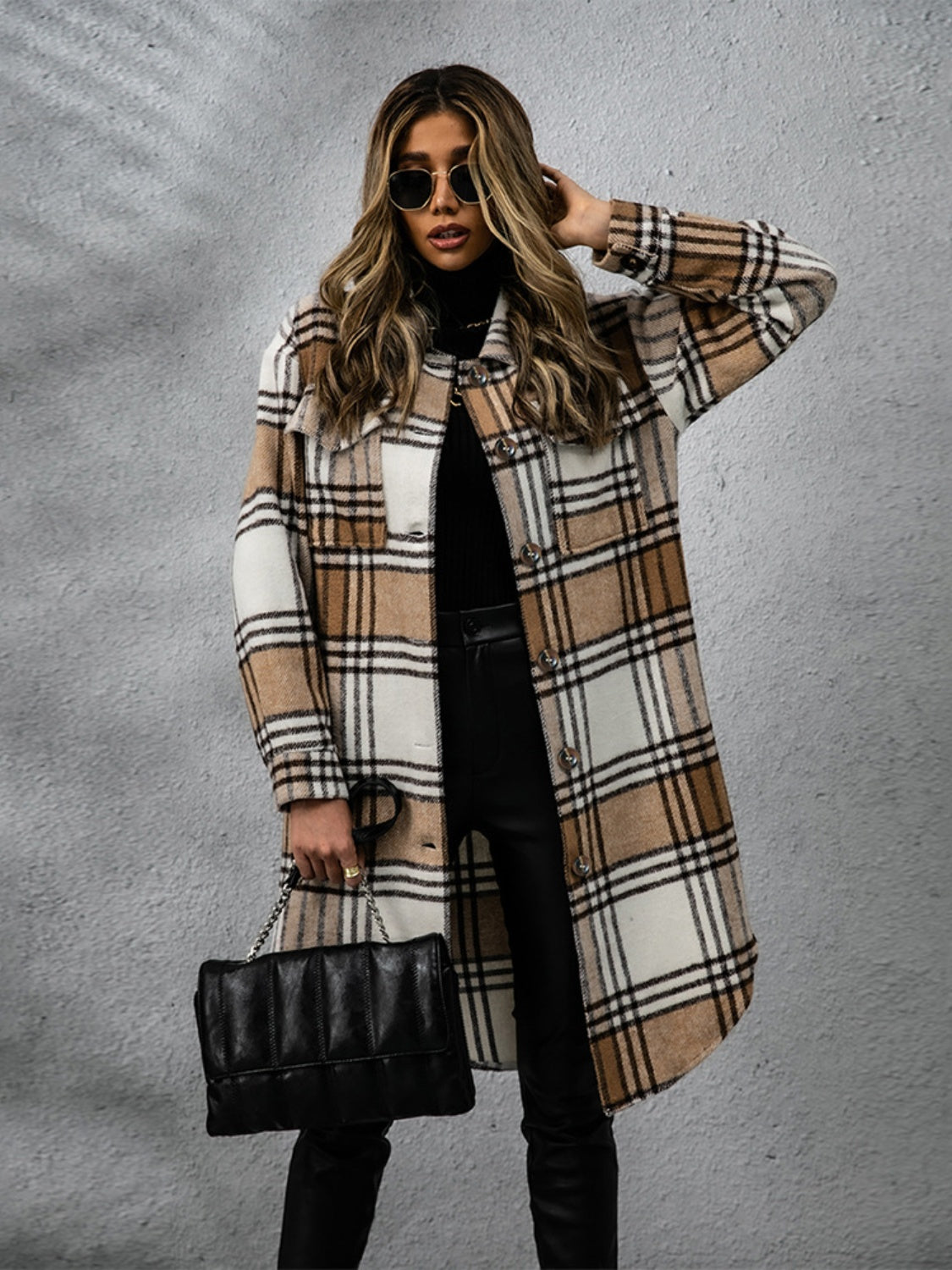 Women Classic Plaid Collared Neck Long Sleeve Stylish Coat Dress