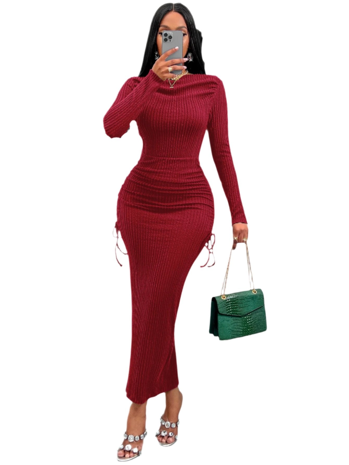 Women's Party Formal Drawstring Textured Long Sleeve Wrap Dress