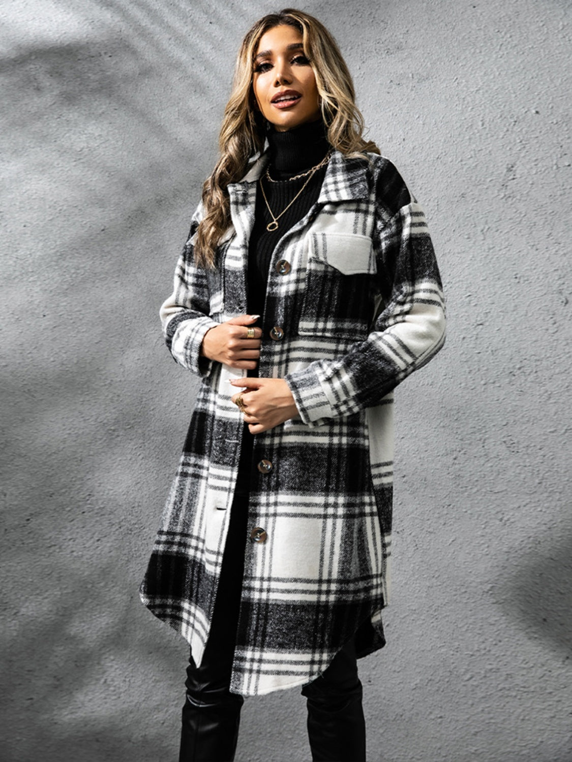 Women Classic Plaid Collared Neck Long Sleeve Stylish Coat Dress