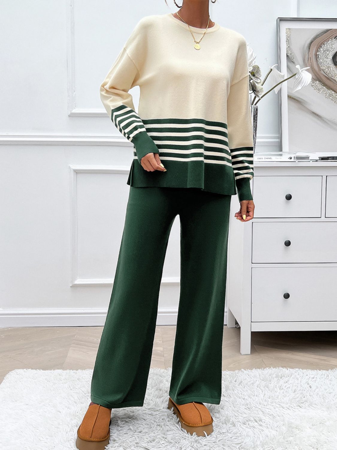 Women Dress Slit Striped Round Neck Top and Pants Sweater Set