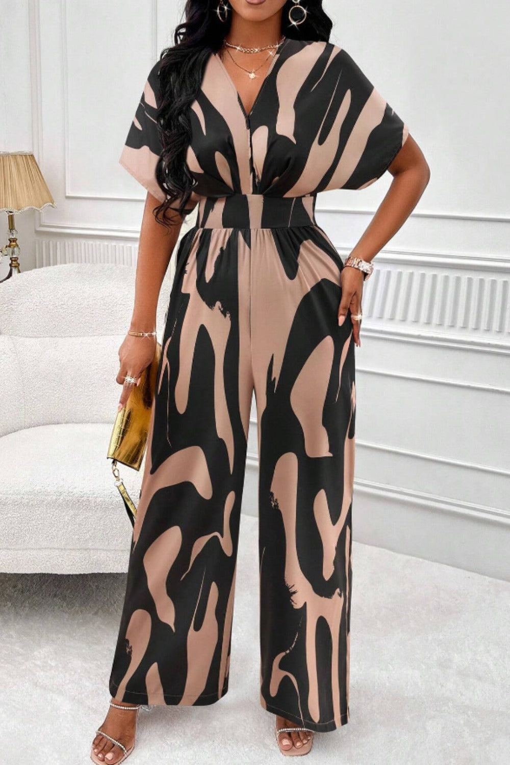 Women Printed V Neck Long Lantern Sleeves Lace Up Wide Leg Jumpsuit
