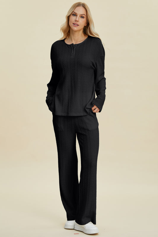 Women Cable-Knit 2 Pieces Outfits Long Sleeve Top and Pants Set