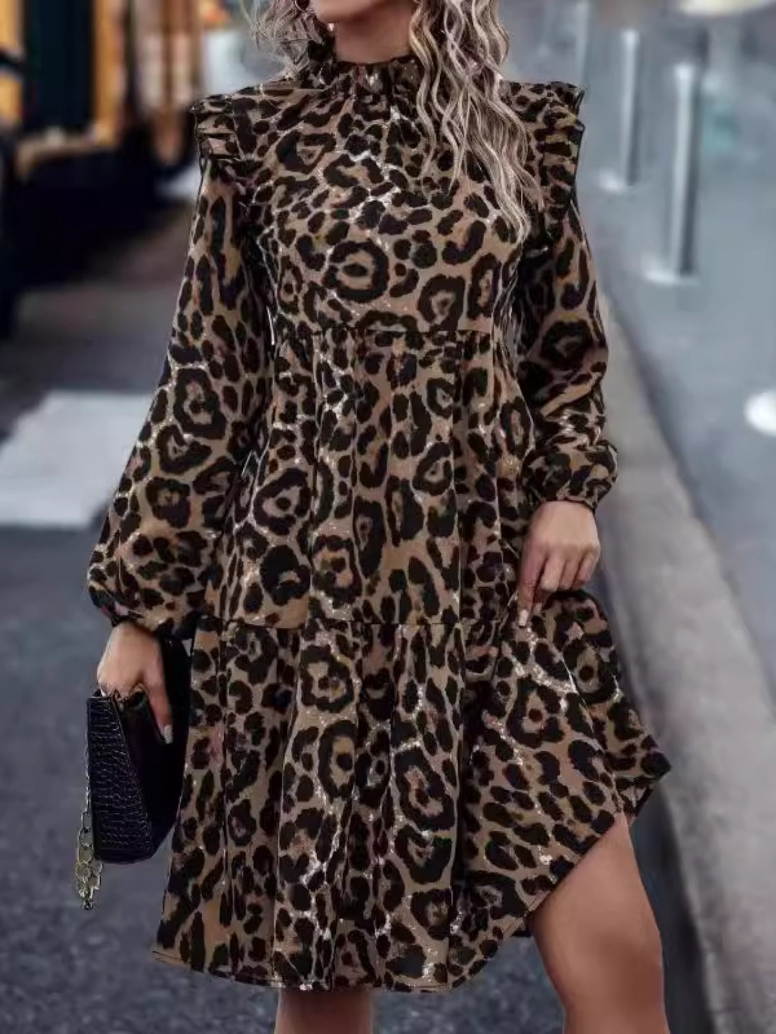 Women Ruffled Leopard Mock Neck Long Sleeve Mini Dress