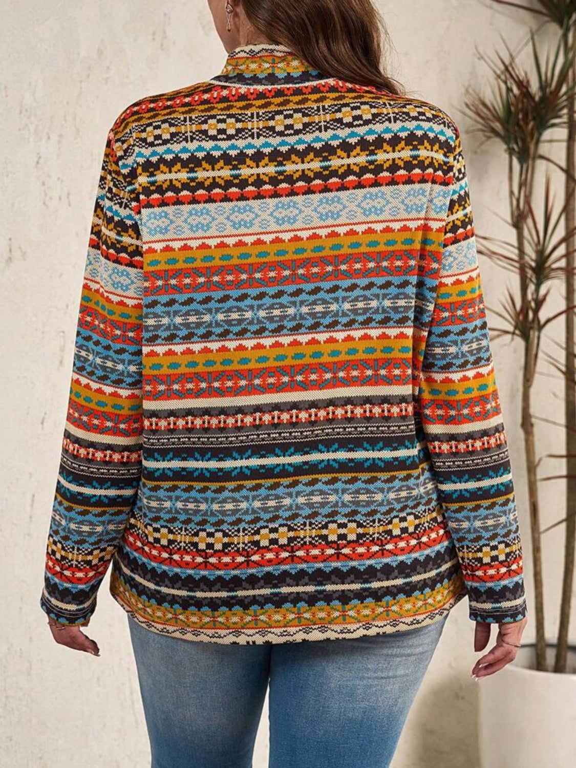 Plus Size Drawstring Printed Mock Neck Long Sleeve Top Pullover